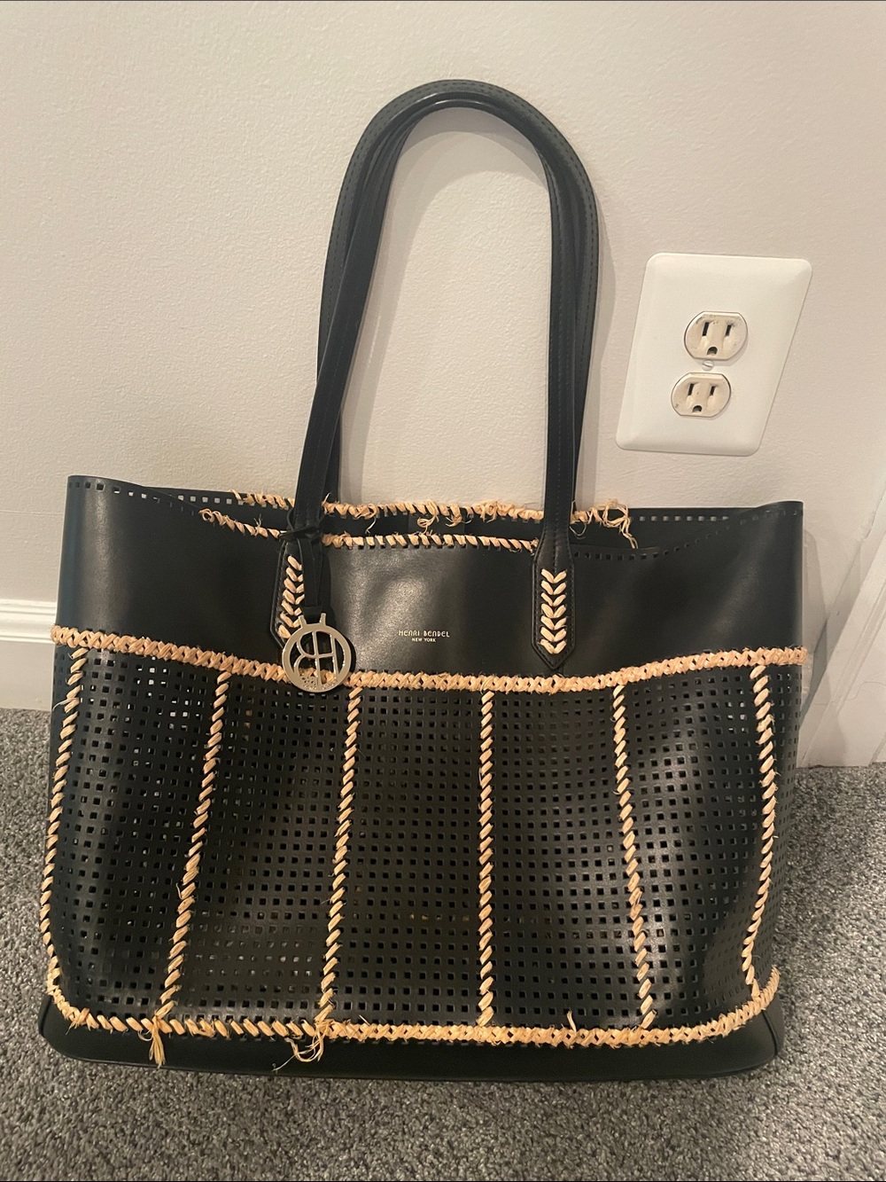 Henri Bendel Black leather and Tan Structured Tote with jute Trim and bag charm